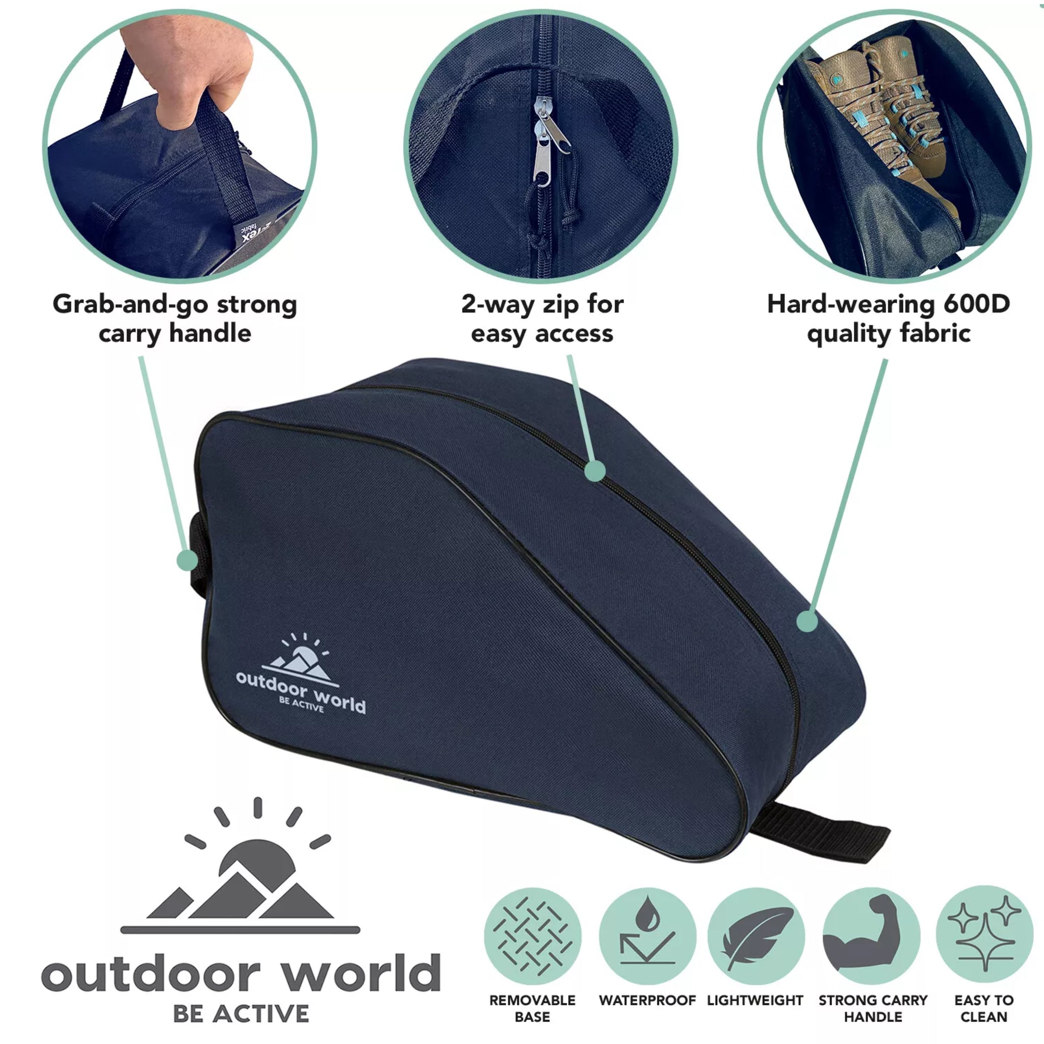 Outdoor World branded waterproof boot bag in navy with 2-way zip, strong carry handle, and durable 600D fabric ā ideal for hiking, sports, and travel